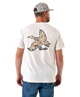 Man wearing a white t-shirt with a camouflage duck design on the back, standing against a white background.