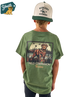Child wearing a green t-shirt with a dog graphic and text, standing against a white background.