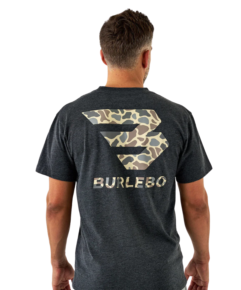 Man wearing a dark gray t-shirt with a camouflage logo and 'BURLEBO' text on the back.