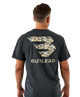 Man wearing a dark gray t-shirt with a camouflage logo and 'BURLEBO' text on the back.
