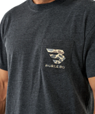 Dark gray t-shirt with a camouflage logo and 'Burlebo' text on a white background