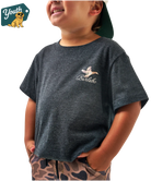 Child wearing a dark gray t-shirt with a duck logo and text, standing against a white background.