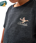 Dark gray t-shirt with duck 'Burlebo' logo on a white background