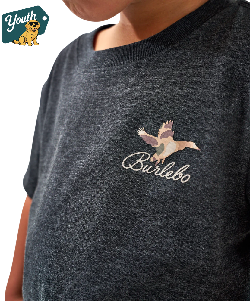 Dark gray t-shirt with duck 'Burlebo' logo on a white background