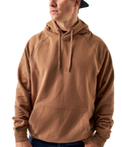 Person wearing a brown hoodie on a white background