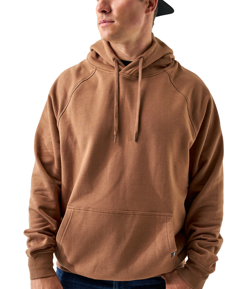 Person wearing a brown hoodie on a white background