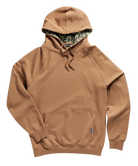 Brown hoodie with camouflage lining on a white background