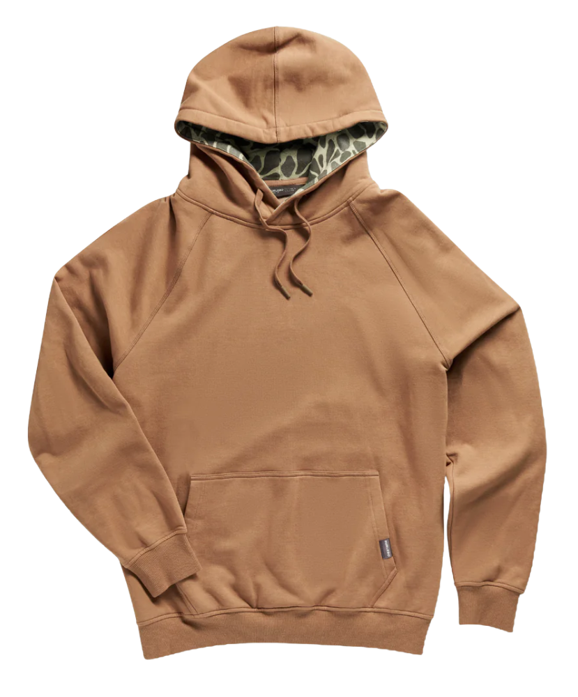 Brown hoodie with camouflage lining on a white background