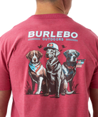 Red t-shirt with dog illustration and 'Burlebo Outdoors' branding on a white background