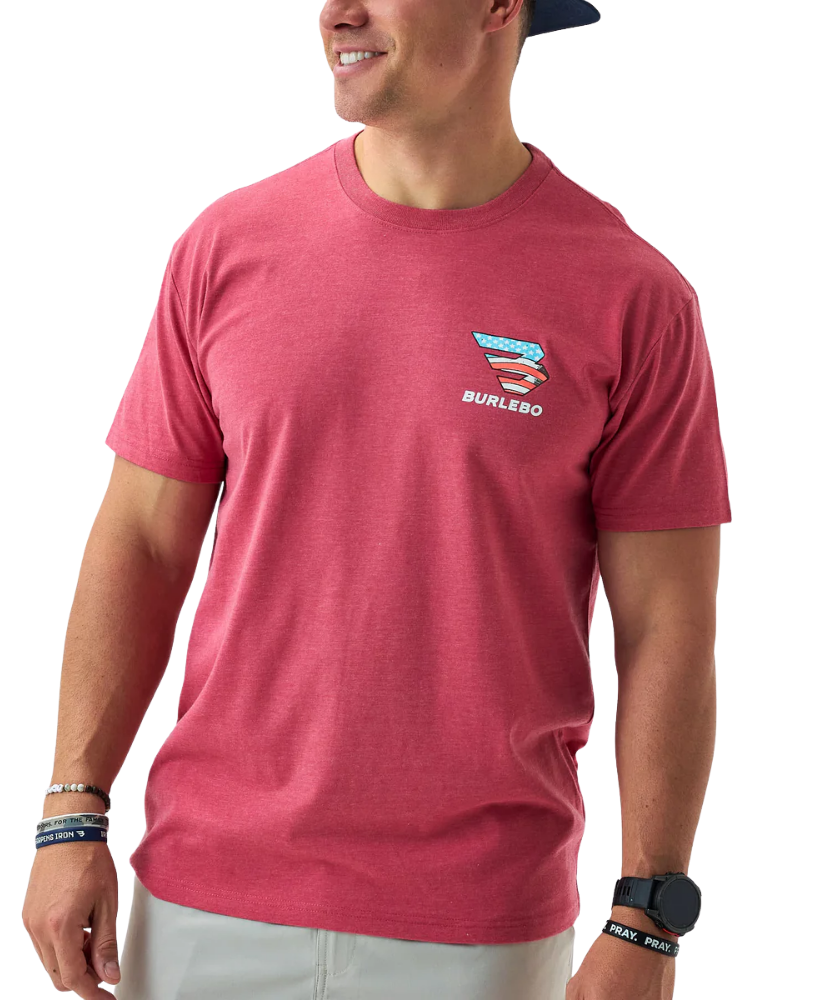 Man wearing a red t-shirt with a logo on a white background