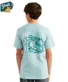 KID wearing a light blue HUK t-shirt with a bass design on the back, standing against a white background.