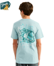 KID wearing a light blue HUK t-shirt with a bass design on the back, standing against a white background.