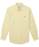 A light yellow long-sleeve button-down shirt with a fine blue grid pattern, featuring a small navy blue bird logo on the left chest, displayed on a clean white background.