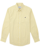 A light yellow long-sleeve button-down shirt with a fine blue grid pattern, featuring a small navy blue bird logo on the left chest, displayed on a clean white background.