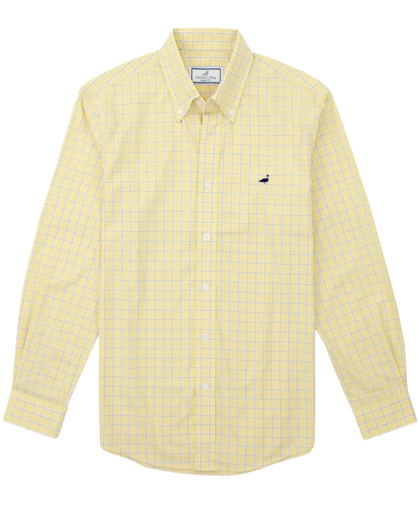 A light yellow long-sleeve button-down shirt with a fine blue grid pattern, featuring a small navy blue bird logo on the left chest, displayed on a clean white background.
