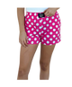 Pink polka dot shorts with a visible LULU MAC brand label on a white background