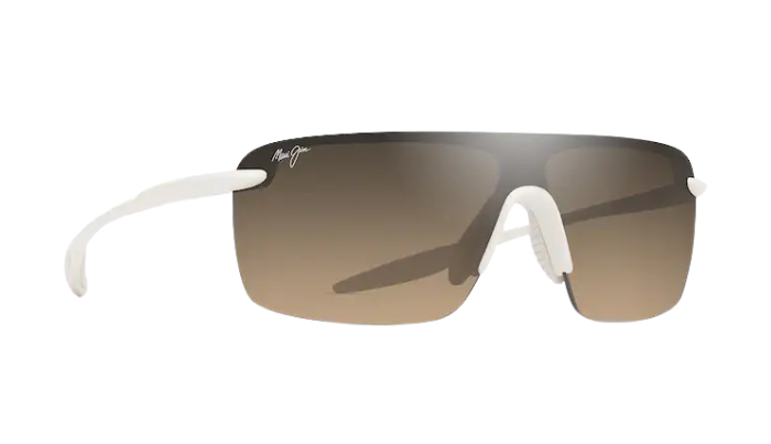 Sunglasses with white frame and gradient lenses on a white background