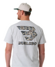A man wearing a gray short sleeve t-shirt with a camouflage logo on the back, featuring the text 'BURLEBO'. The t-shirt has a crew neck and appears to be made of a cotton and polyester blend.