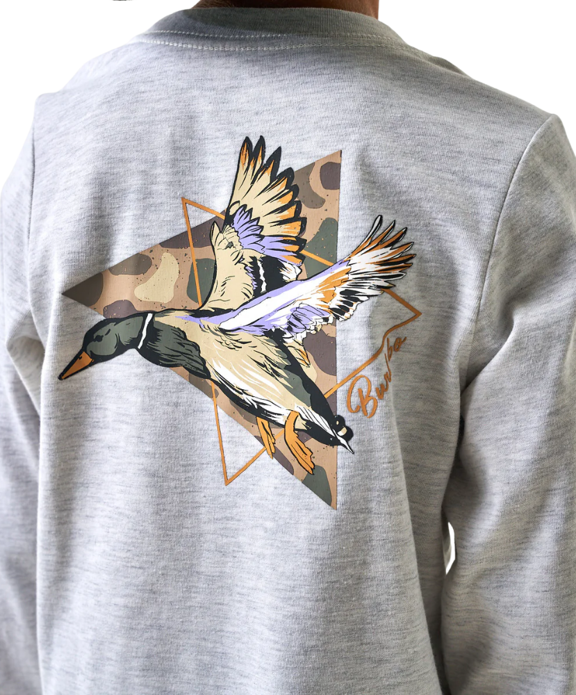 Gray long-sleeve shirt with a duck design on the back