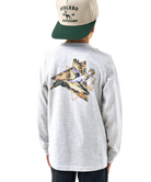 Child wearing a gray long-sleeve shirt with duck design on the back, standing against a white background.