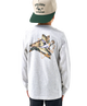 Child wearing a gray long-sleeve shirt with duck design on the back, standing against a white background.