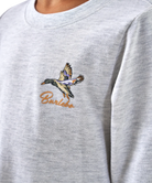 Gray longsleeve t-shirt with a duck embroidered design and 'Barlebo' text.