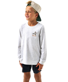 Child wearing a gray long-sleeve shirt with a logo and black shorts on a white background