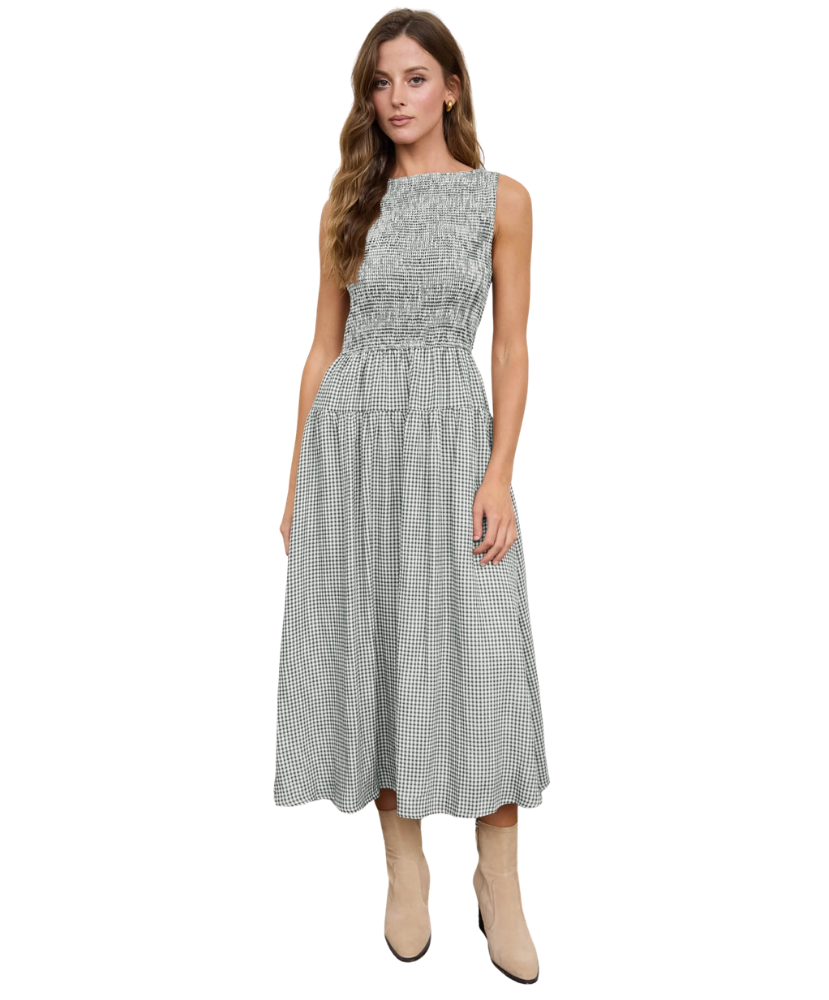 Sunny Smocked Gingham Tiered Sleeveless Midi Dress