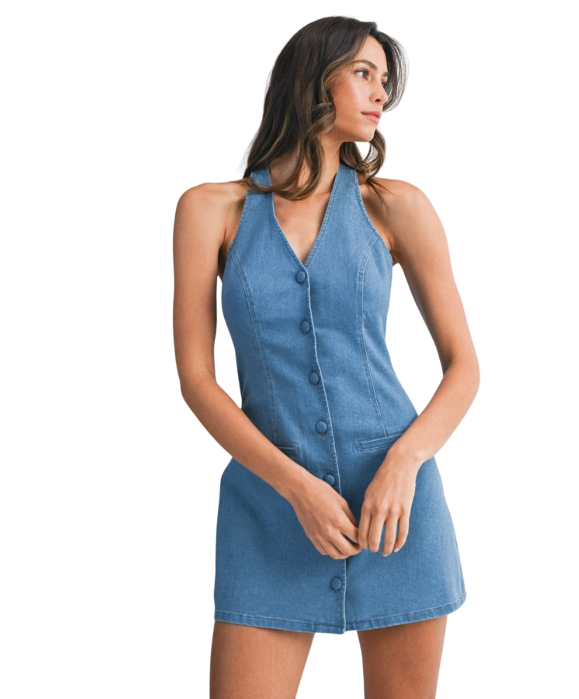 Dallas Denim Halter Neckline Button Down Mini Dress