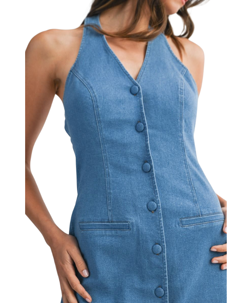 sachin and babi light blue dress Dallas Denim Halter Neckline Button Down Mini Dress