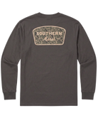 A dark brown long-sleeve t-shirt shown from the back, featuring a camouflage-patterned shield-shaped graphic with 'SOUTHERN Marsh' printed in beige.
