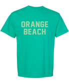Green t-shirt with 'Orange Beach' text on a white background