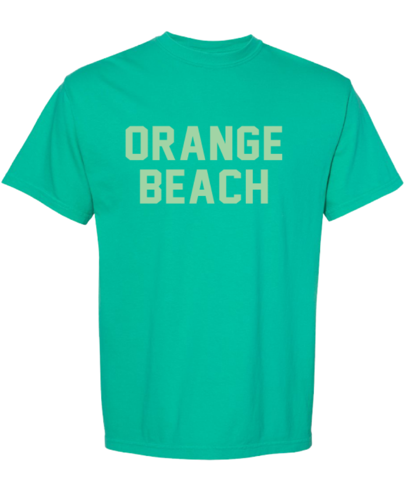 Green t-shirt with 'Orange Beach' text on a white background