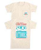 Beige t-shirt with 'Old Row Outdoors' graphic design on a white background