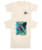 Beige t-shirt with a colorful sailfish graphic and 'Old Row Outfitters' logo on a white background