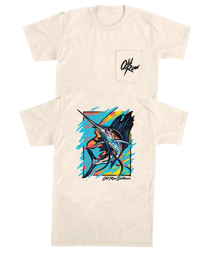 Beige t-shirt with a colorful sailfish graphic and 'Old Row Outfitters' logo on a white background