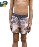 Person wearing camouflage SWIM shorts on a transparent background
