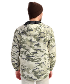 Man wearing a camouflage HUK jacket and beanie on a white background