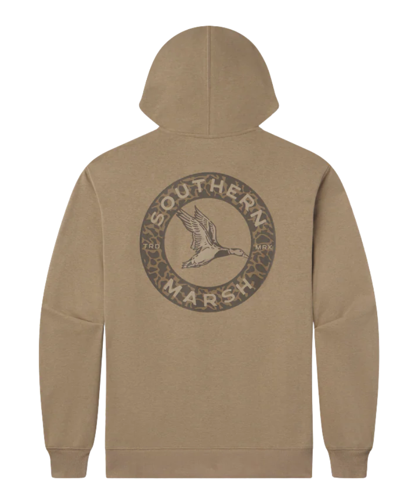 Brown hoodie with 'Southern Marsh' logo on the back against a white background