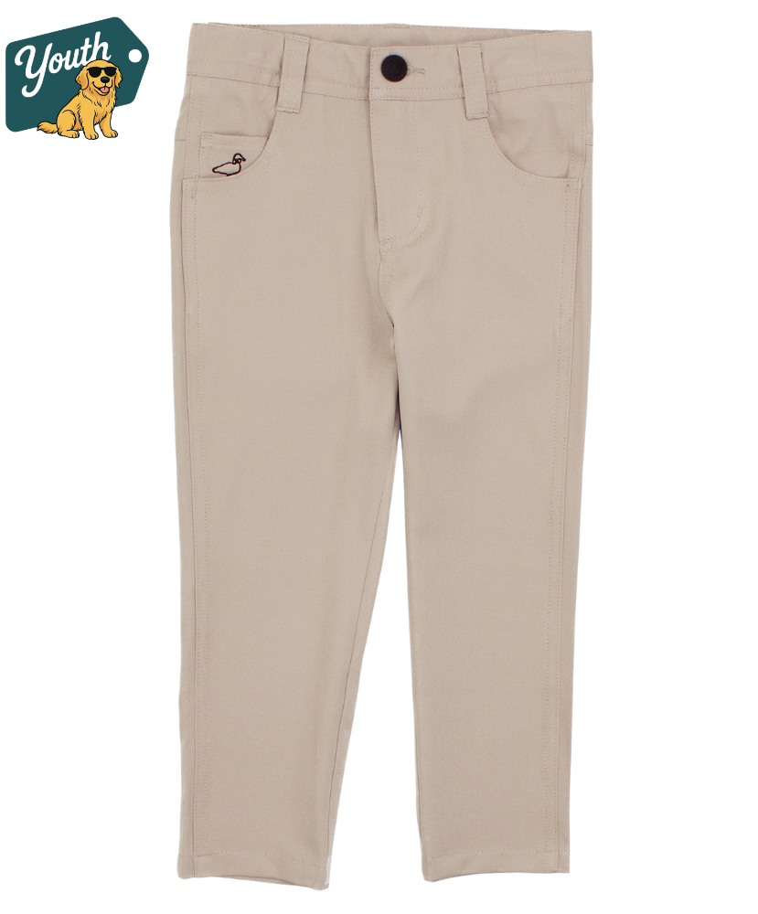 khaki Youth Performance pants with a small logo on a white background