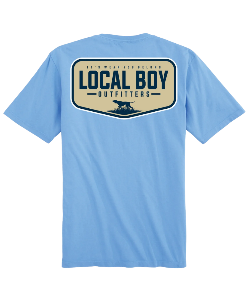 Light blue t-shirt with 'Local Boy Outfitters' logo on the back against a white background
