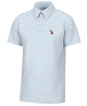 White and blue Local Boy polo shirt with blue stripes and a red logo on a white background