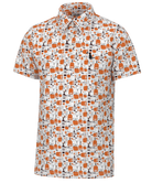 Short-sleeve shirt with a pattern of orange whiskey bottles on a white background. Manhattan