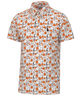 Short-sleeve shirt with a pattern of orange whiskey bottles on a white background. Manhattan