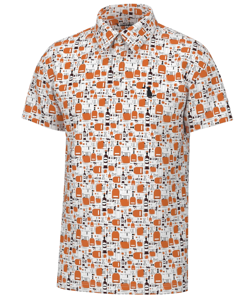 Short-sleeve shirt with a pattern of orange whiskey bottles on a white background. Manhattan