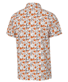 Short-sleeve shirt with a pattern of orange bottles on a white background