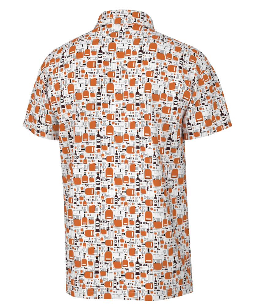 Short-sleeve shirt with a pattern of orange bottles on a white background