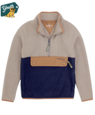 Two-tone boys pullover made by Properly Tied with beige and navy design on a white background, featuring the 'Youth' brand logo.
