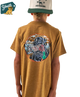 Person wearing a Light brown t-shirt with a colorful lab holding a duck graphic on the back, standing against a white background.