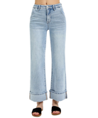 Light blue wide-leg jeans on a white background